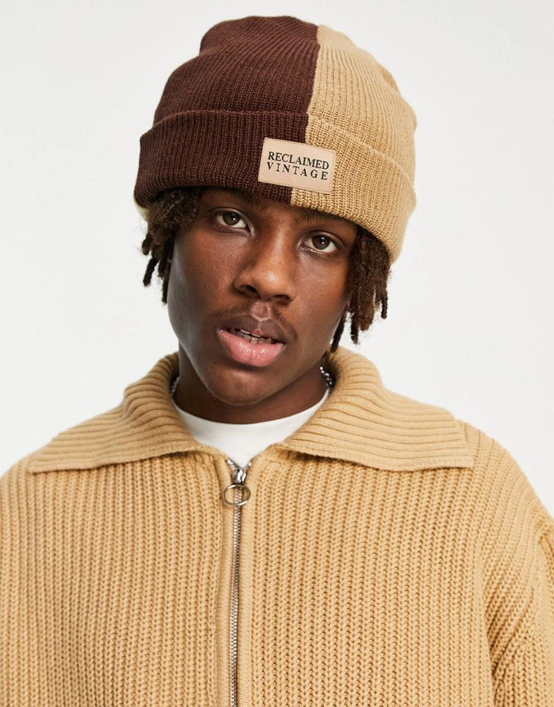 商品Reclaimed Vintage|Reclaimed Vintage unisex colourblock beanie hat in brown tones,价格¥67,第3张图片详细描述