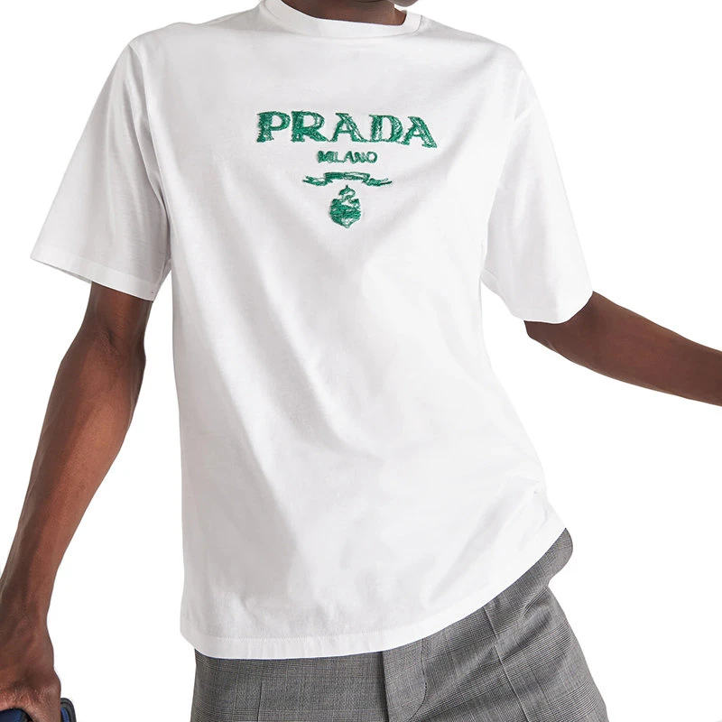 商品Prada|【预售3-7天】PRADA/普拉达 22年春夏 男士白色/翡翠绿色纯棉Logo印花基础廓形短袖T恤UJN815_1070_F0F7Z_S_221,价格¥60666,�第5张图片详细描述