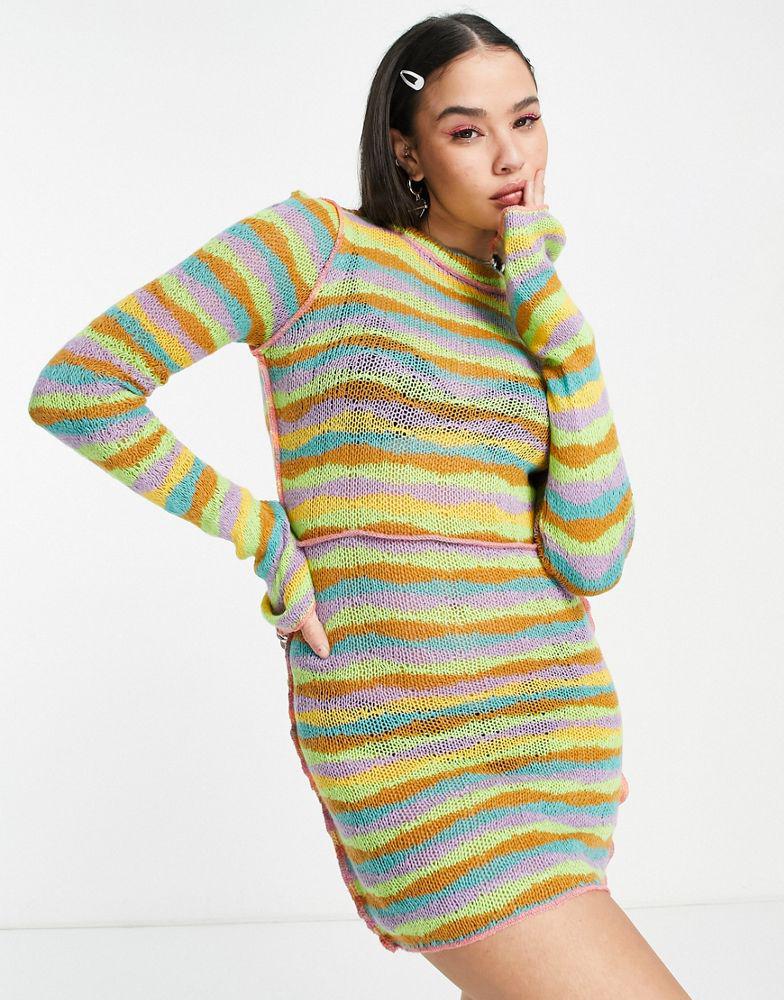 The Ragged Priest long sleeve knitted bodycon dress in rainbow stripe商品第2张图片规格展示