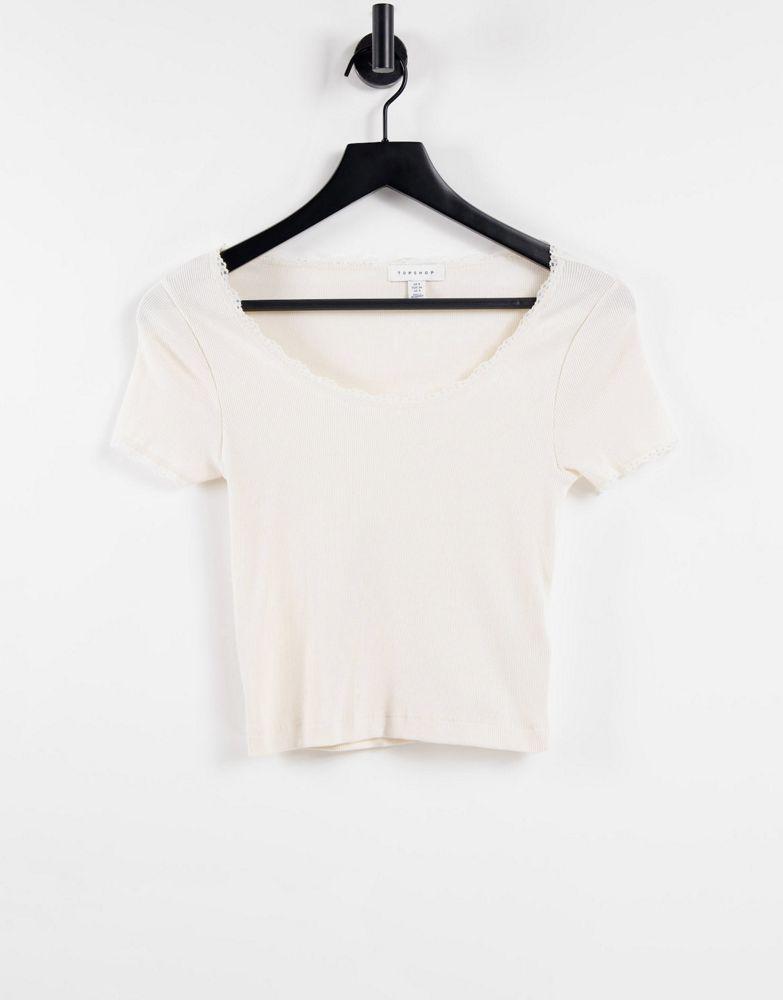 Topshop lace trim scoop t-shirt in ecru商品第1张图片规格展示