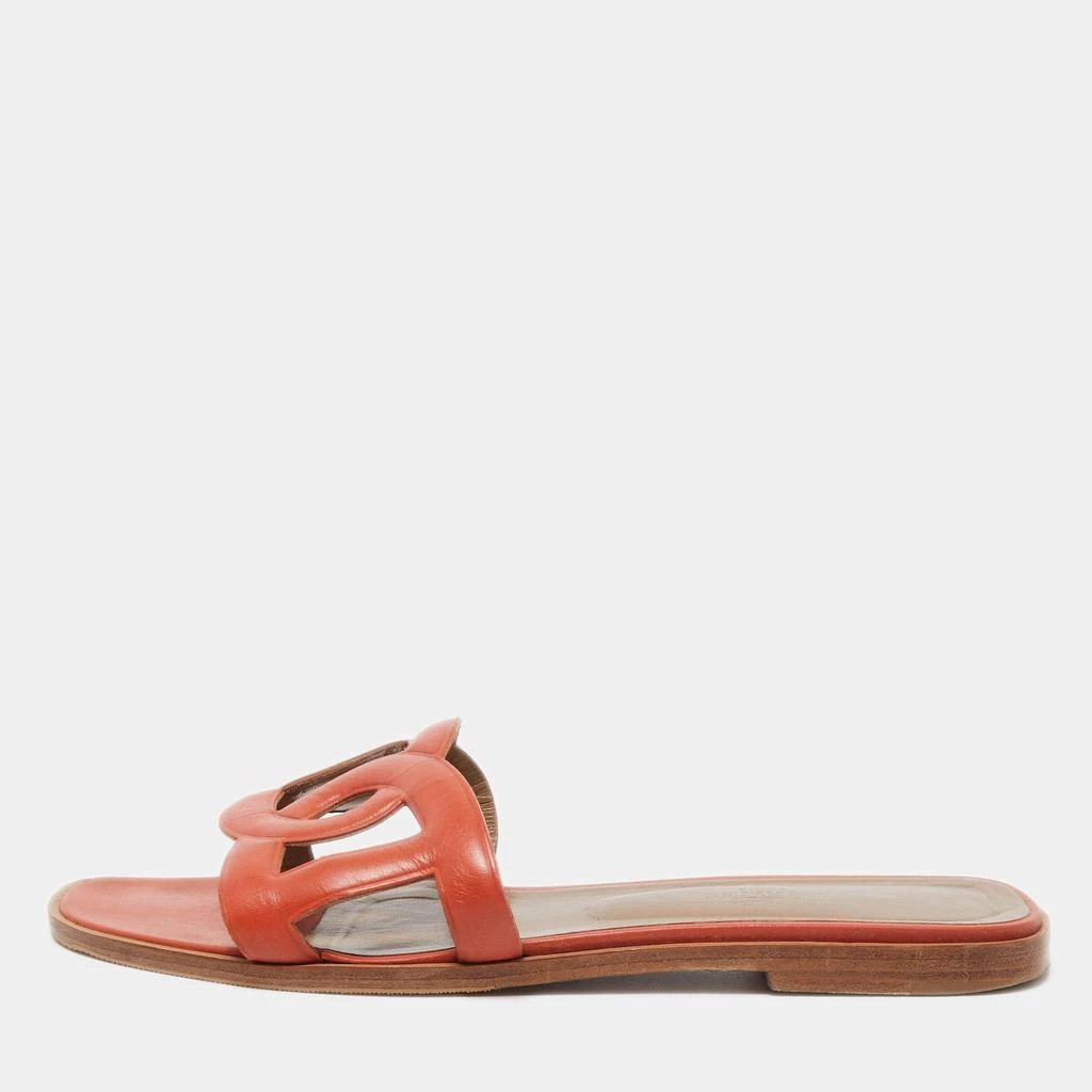 商品[二手商品] Hermes|Hermes Orange Leather Omaha Flat Slides Size 39,价格¥3022,第1张图片