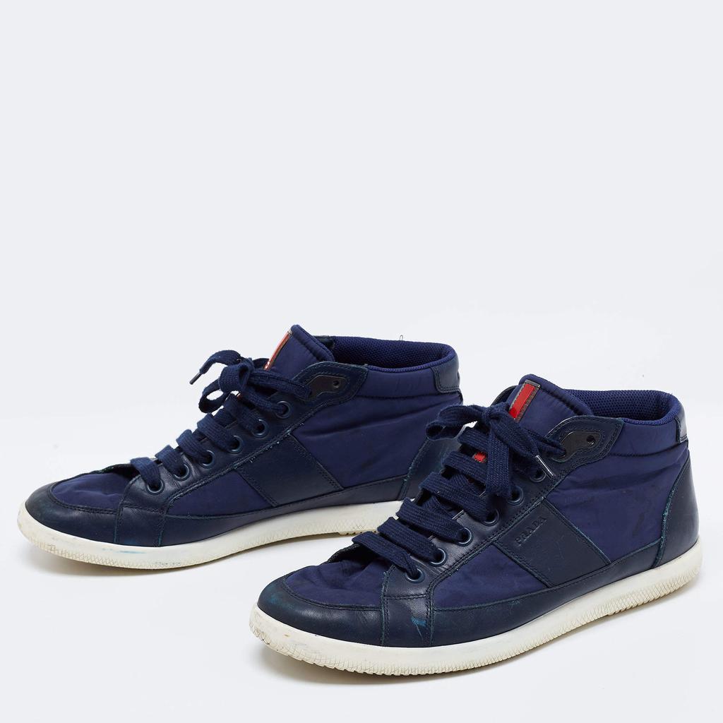 Prada Sport Navy Blue Nylon And Leather Mid Top Sneakers Size 43.5商品第2张图片规格展示