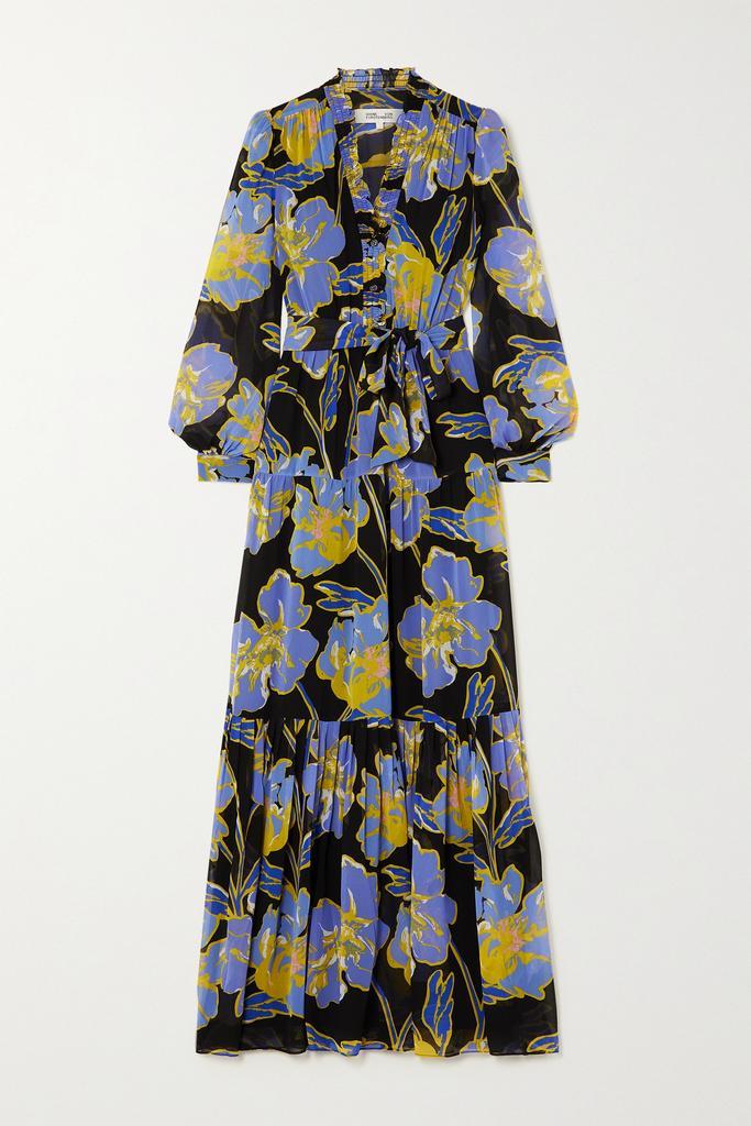 商品Diane von Furstenberg|Olenna 配腰带褶饰花卉印花双绉超长连衣裙,价格¥6502,第1张图片