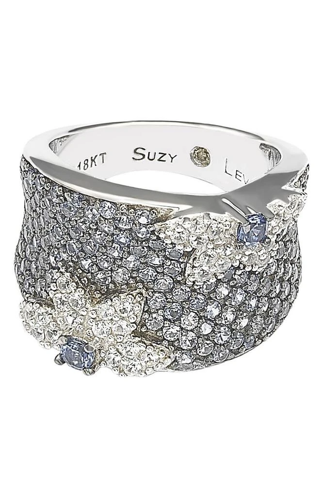 商品Suzy Levian|18K Gold & Sterling Silver Pavé Blue & Created White Sapphire Diamond Accent Floral Band Ring - 0.02 ctw,价格¥2013,第3张图片详细描述