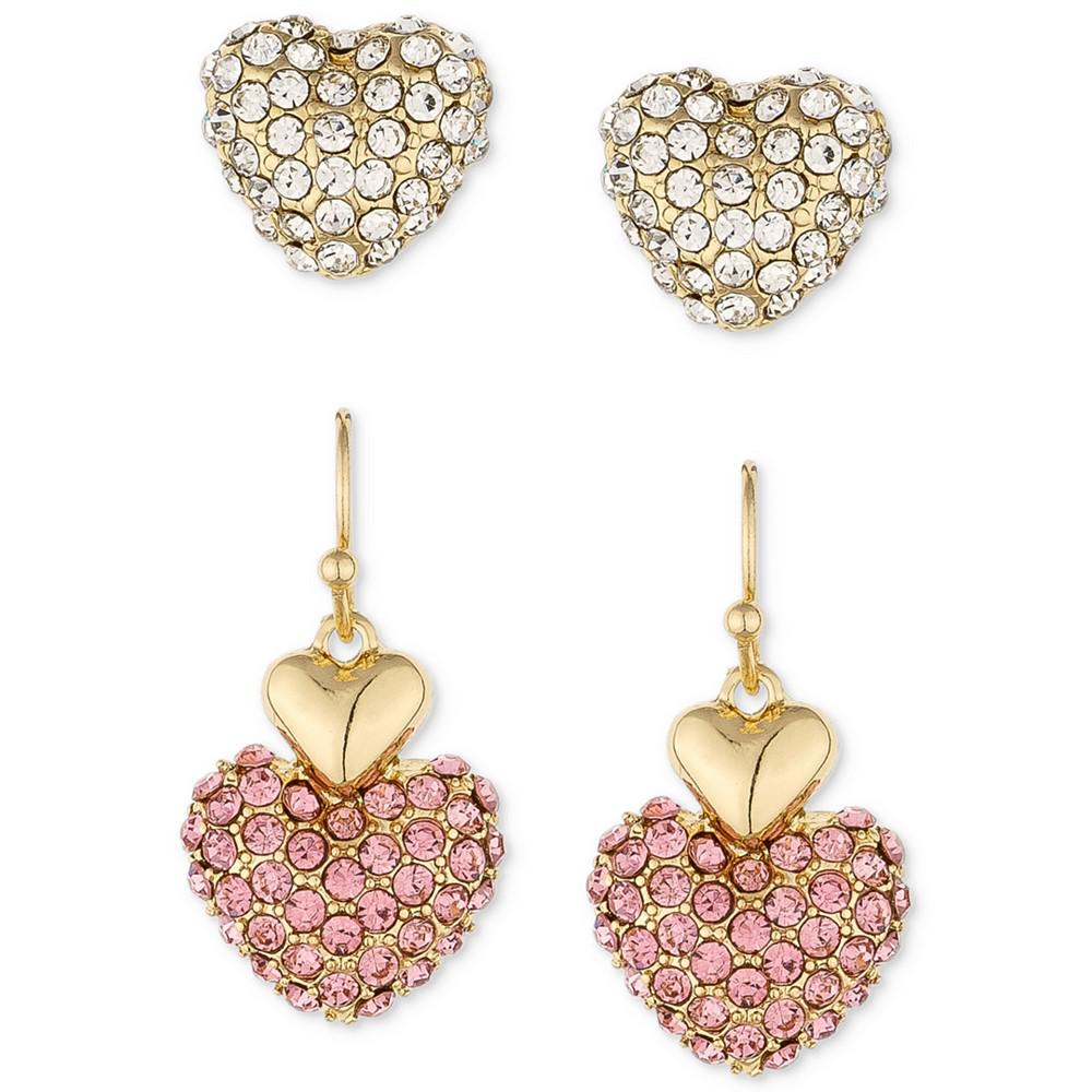 Gold-Tone 2-Pc. Set Pavé Heart Stud & Drop Earrings, Created for Macy's商品第1张图片规格展示