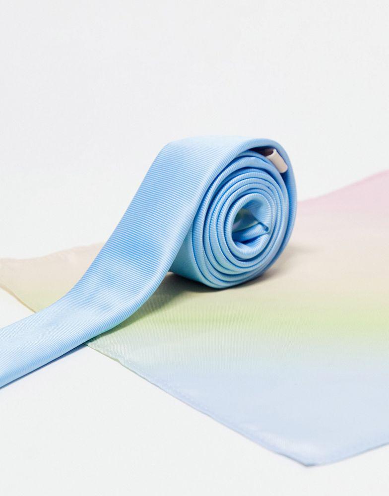 ASOS DESIGN skinny tie in blue with ombre rainbow pocket square商品第3张图片规格展示