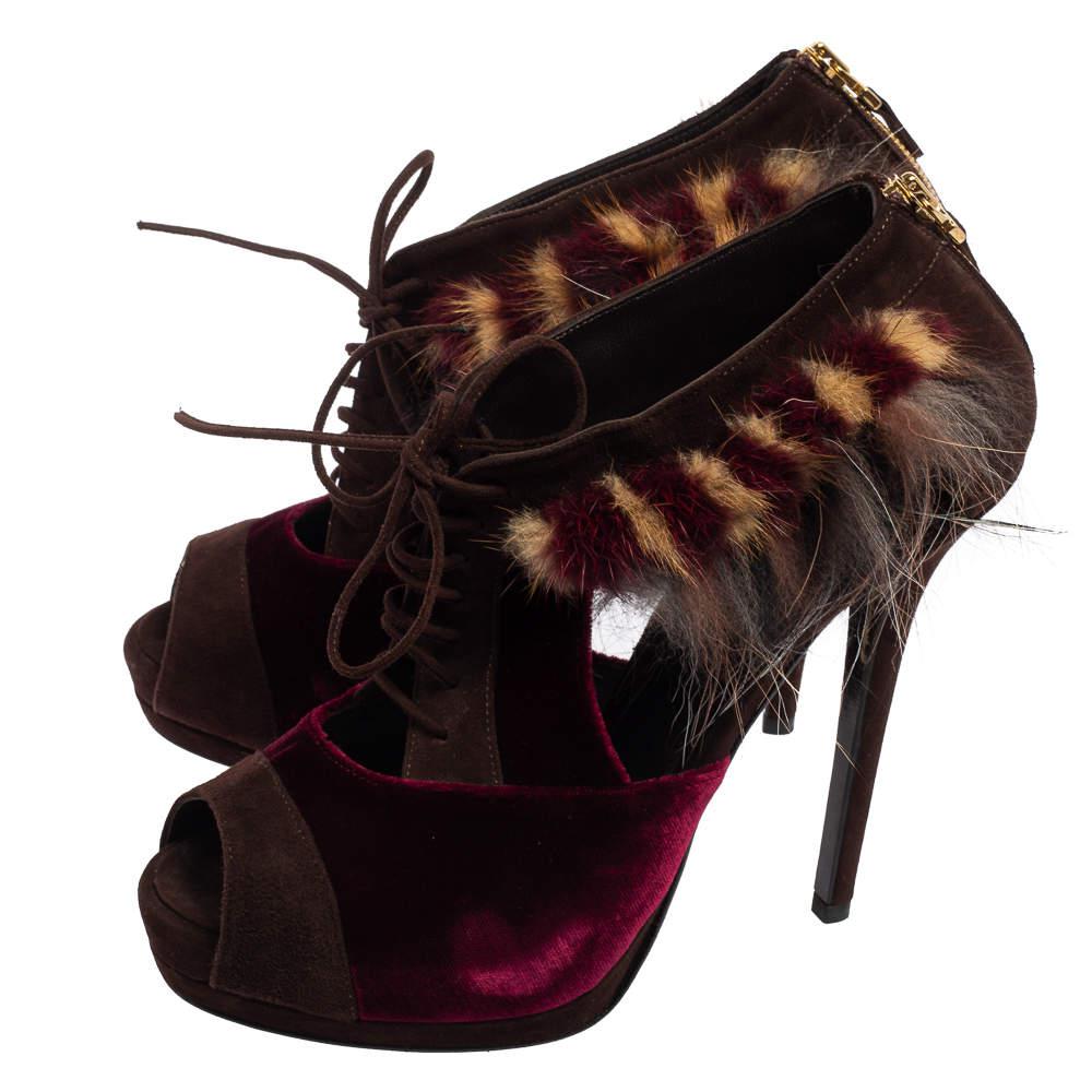 Fendi Burgundy/Brown Velvet, Suede and Fur Trim Lace-Up Peep-Toe Ankle Booties Size 40商品第4张图片规格展示