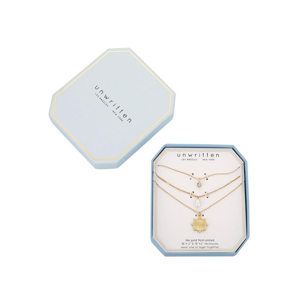 14K Gold Flash-Plated 3-Pieces Imitation Pearl and Genuine Crystal Layered Pendants Set商品第2张图片规格展示