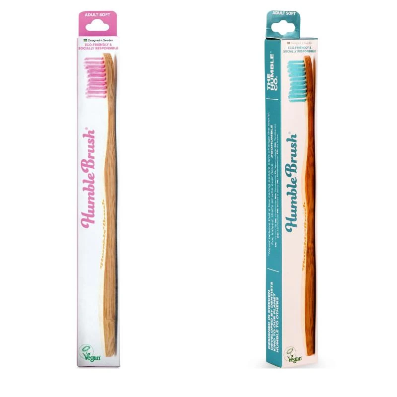 商品The Humble Co|Pack of 2 soft bamboo toothbrush in pink and blue,价格¥122,第1张图片