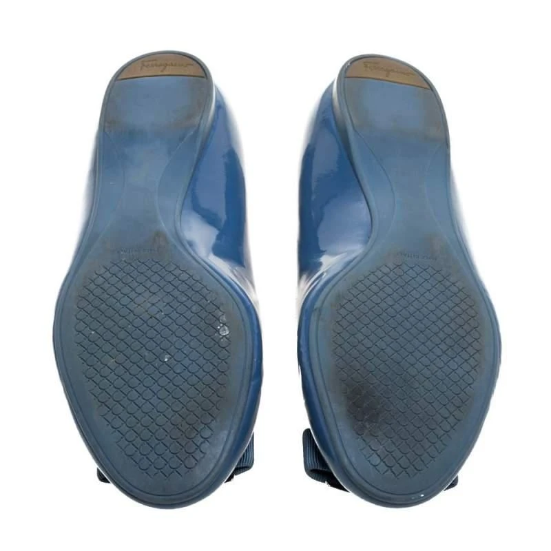 Salvatore Ferragamo Blue Patent Leather Ninna Kangaroo Bow Ballet Flats Size 38.5 商品
