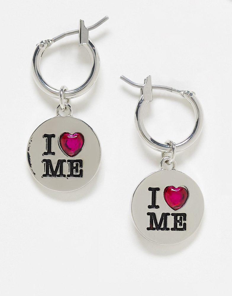 Reclaimed Vintage unisex y2k slogan pendant huggie hoops in silver商品第1张图片规格展示