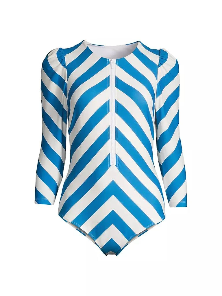 商品Stylest|DreamSculpt Stripe Puff-Sleeve Zip One-Piece Swimsuit,价格¥2668,第1张图片