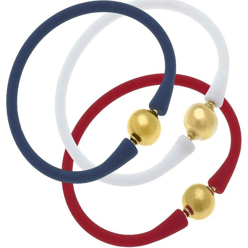 商品Canvas Style|Bali 24K Gold Silicone Bracelet Stack of 3 In Red, White & Navy,价格¥574,第1张图片