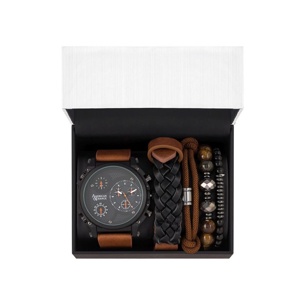 商品American Exchange|Men's Quartz Dial Brown Leather Strap Watch, 48mm and Assorted Stackable Bracelets Gift Set, Set of 5,价格¥148,第4张图片详细描述