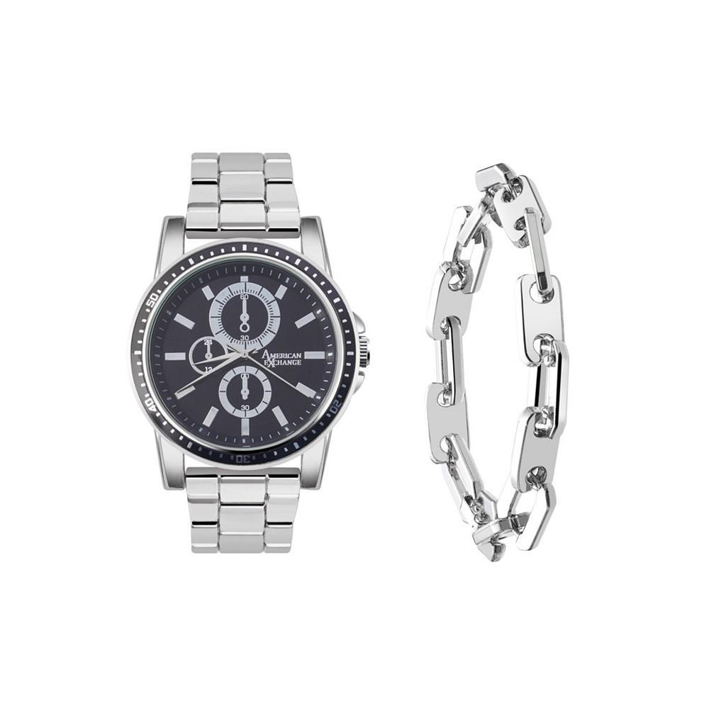 商品American Exchange|Men's Quartz Movement Silver Metal Bracelet Analog Watch, 43mm and Bracelet Set with Zippered Travel Pouch,价格¥295,第1张图片