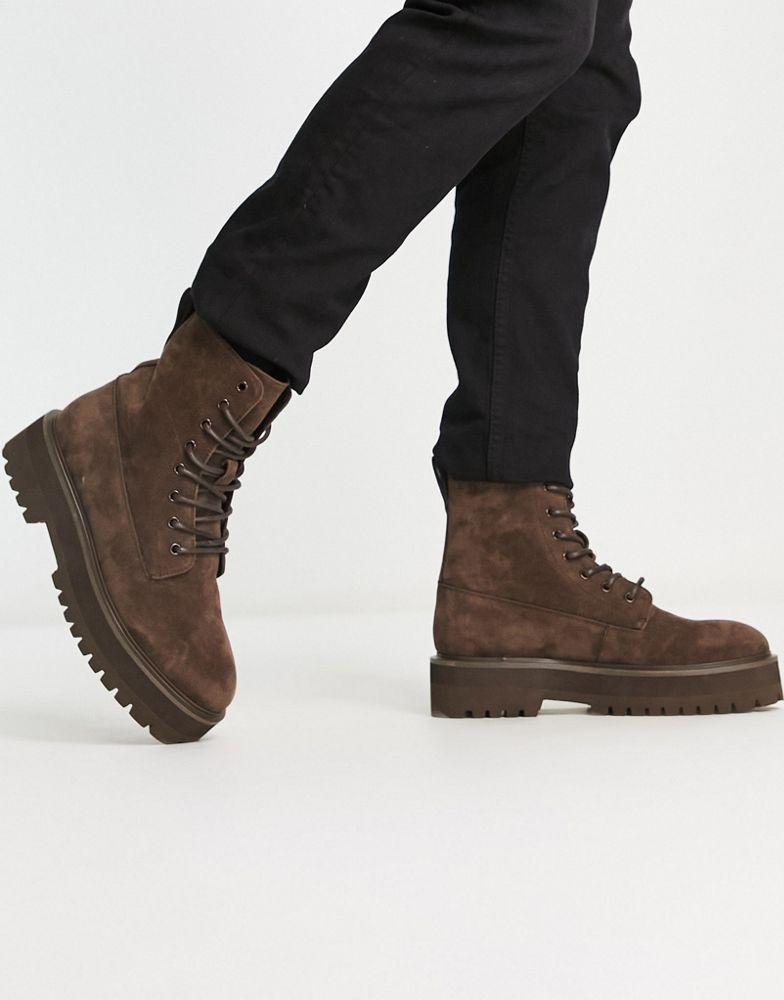 ASOS DESIGN chunky lace up boot in brown faux suede商品第3张图片规格展示