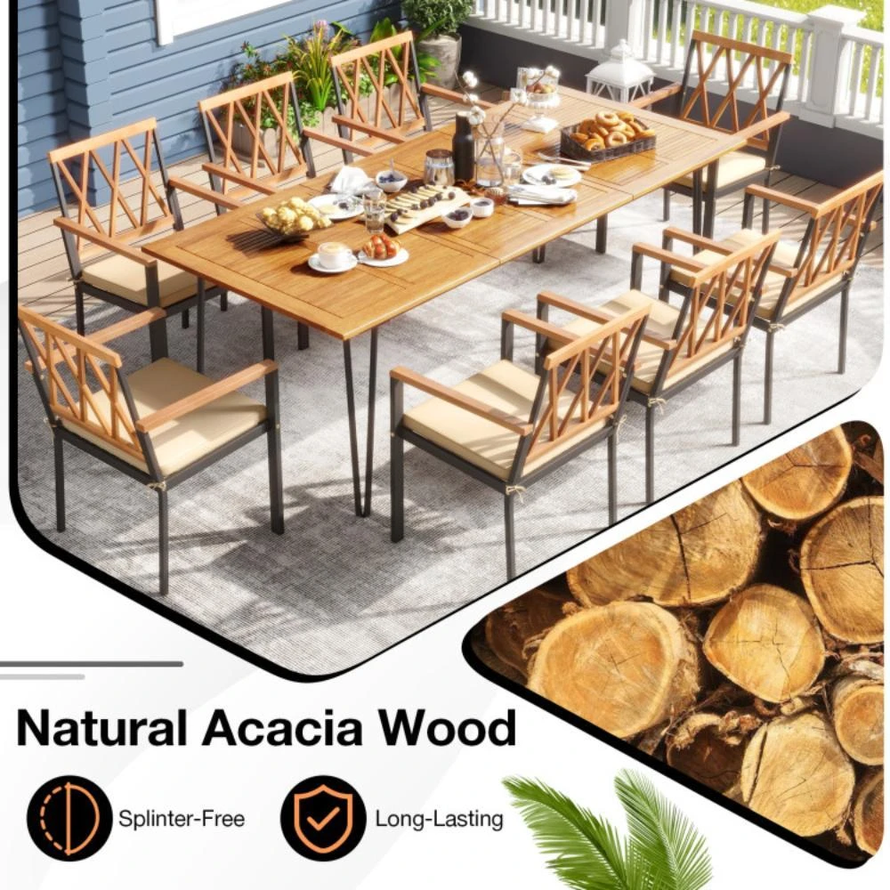 商品Hivvago|Acacia Wood Outdoor Furniture Set 9 Pieces Patio Dining Set with 8 Chairs,价格¥6229,第4张图片详细描述