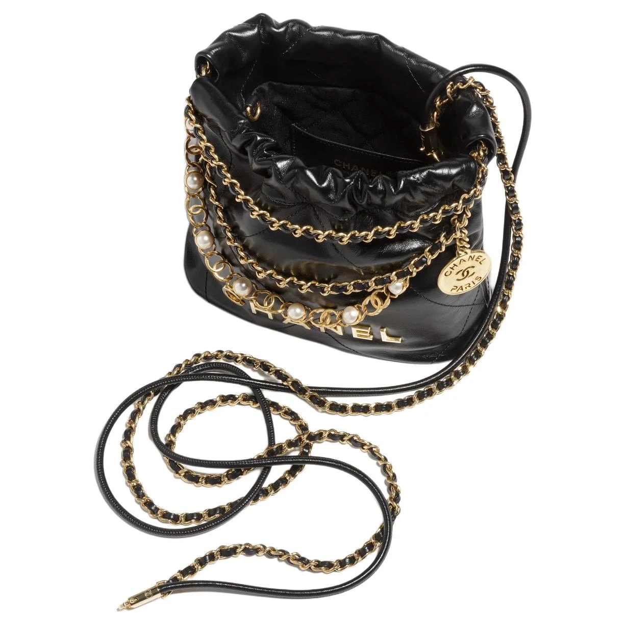 商品[国内直发] Chanel|香奈儿 22Bag 24A 品牌Logo抽绳开合 季节限定珍珠链条 亮面 小牛皮 单肩斜挎包 迷你 男女同款情侣款 黑色,价格¥45228,第4张图片详细描述
