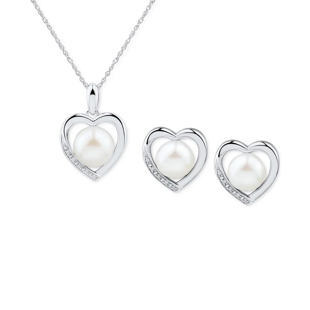 商品Macy's|2-Pc. Set Cultured Freshwater Pearl (7-8mm) & Diamond Accent Heart Pendant Necklace & Matching Stud Earrings in Sterling Silver,价格¥719,第1张图片