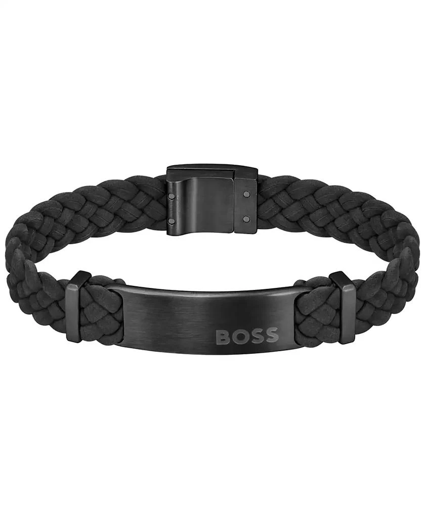 商品Hugo Boss|Men's Dylan Ionic Plated Black Steel Black Leather Bracelet,价格¥759,第1张图片