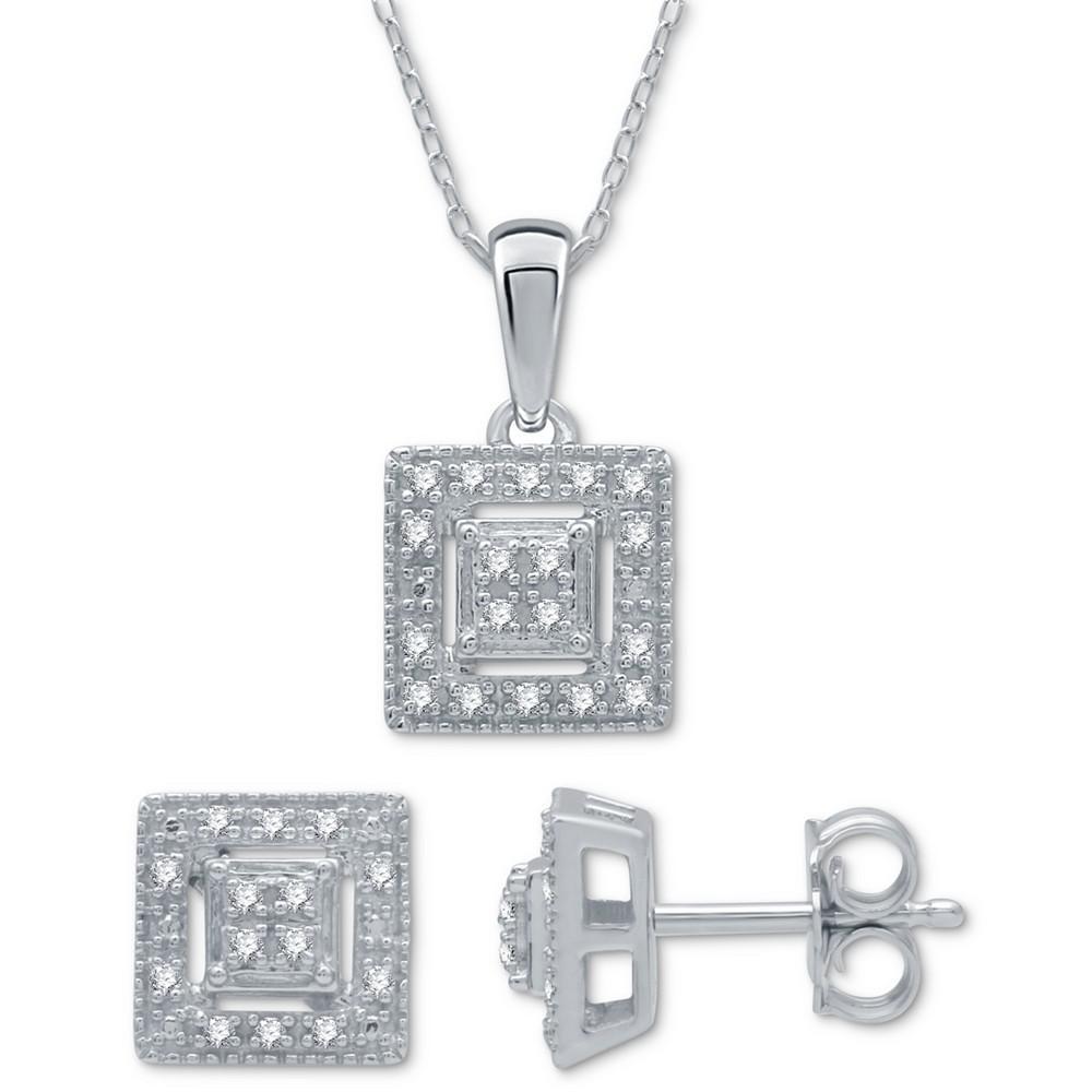 商品Macy's|2-Pc. Set Diamond (1/6 ct. t.w.) Square Cluster Pendant Necklace & Matching Stud Earrings in Sterling Silver,价格¥1433,第1张图片