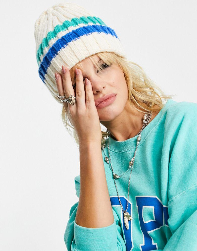 Topshop stripe ribbed beanie in off white and blue商品第1张图片规格展示