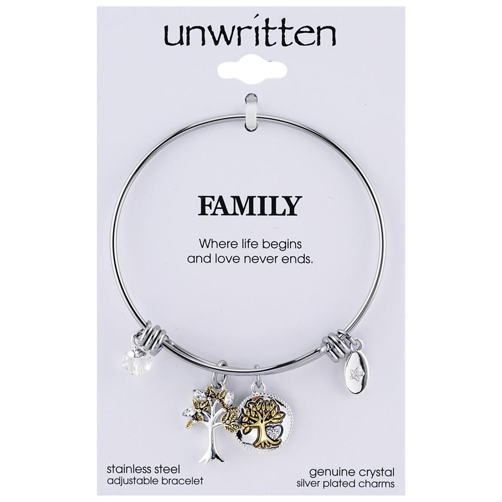 Two-Tone Family Tree Message Charm Bangle Bracelet in Stainless Steel with Silver Plated Charms商品第3张图片规格展示
