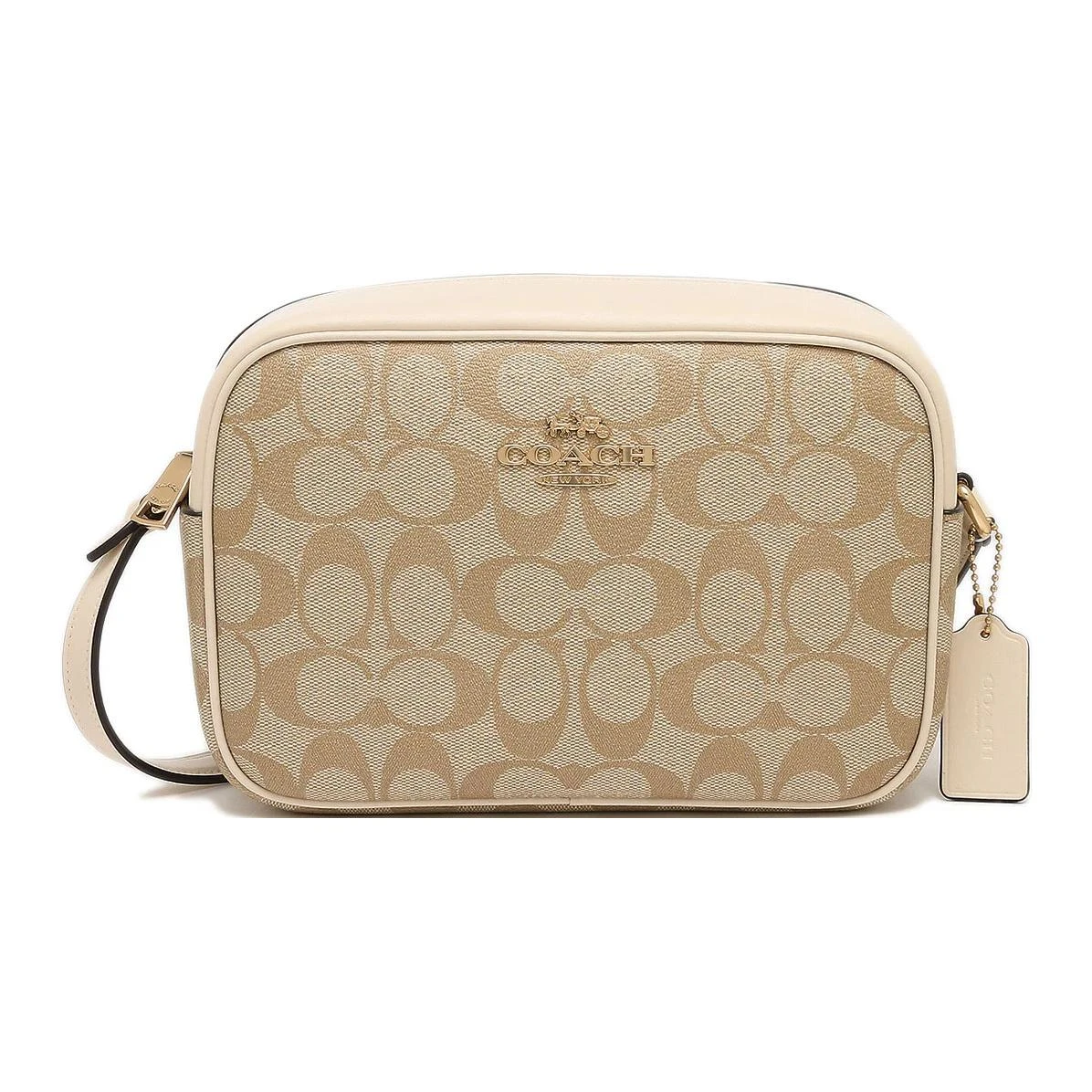 商品[国内直发] Coach|蔻驰 Jamie 22 经典老花金标五金扣拉链 涂层帆布拼光滑皮革 相机包单肩斜挎包 中号 女款 浅卡其色拼粉笔白色,价格¥1451,第3张图片详细描述
