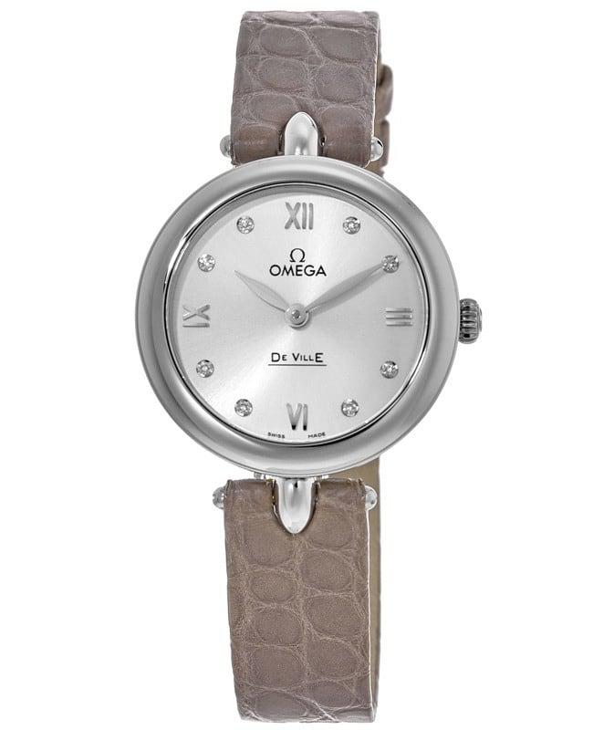 Omega De Ville Prestige Quartz 27.4mm Dewdrop Silver Diamond Dial Leather Strap Women's Watch 424.13.27.60.52.001商品第1张图片规格展示