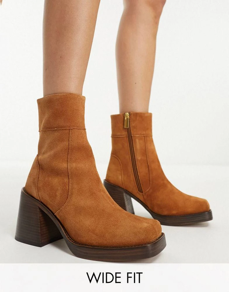 商品ASOS|ASOS DESIGN Wide Fit Region suede mid-heel boots in tan,价格¥208,第1张图片