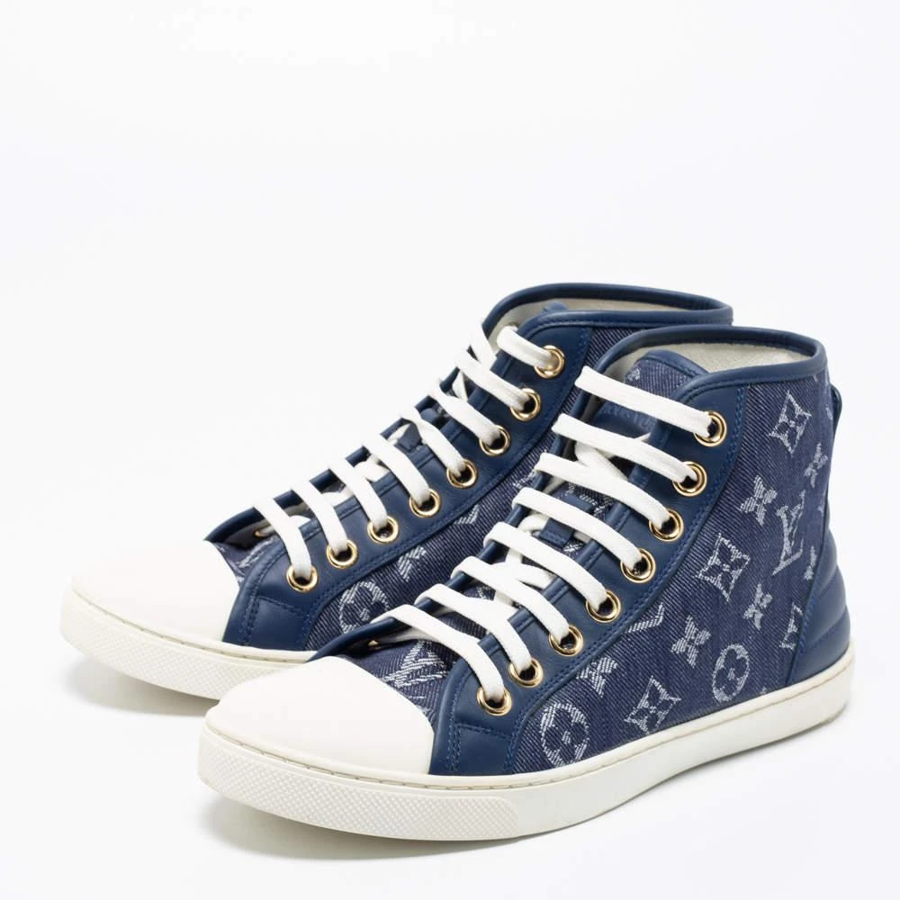 商品[二手商品] Louis Vuitton|Louis Vuitton Navy Blue/White Monogram Canvas, Leather and Rubber Cap-Toe Punchy High-Top Sneakers Size 37.5,价格¥3365,第2张图片详细描述