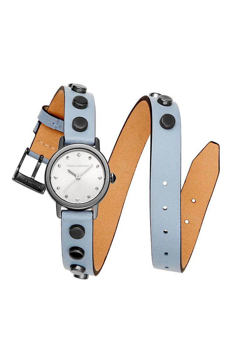 商品Rebecca Minkoff|BFFL灰色离子镀配铆钉双层缠绕式表带腕表，25MM,价格¥702,第1张图片