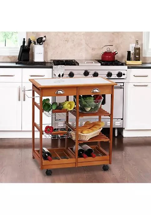 商品belk|Wooden Rolling Kitchen Cart Tile Counter Top Utility Trolley With Towel Rack 2 Drawers 2 Shelves Wire Baskets And Wine Rack Natural,价格¥878,第4张图片详细描述