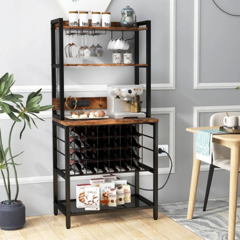 商品Hivvago|Wine Bar Cabinet Wine Rack with 4 Tier Storage Shelves and Glass Holders-Brown,价格¥1153,第1张图片