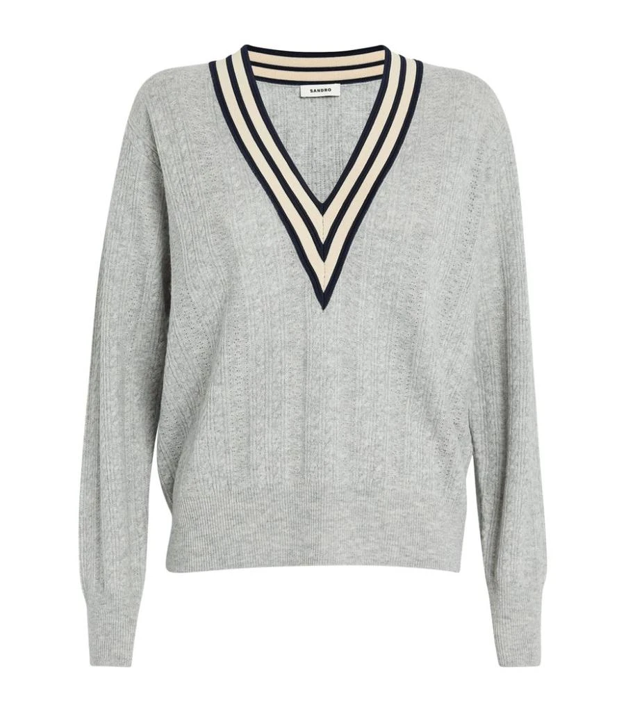 商品Sandro|Stripe-Trim Cable-Knit Sweater,价格¥1627,第1张图片