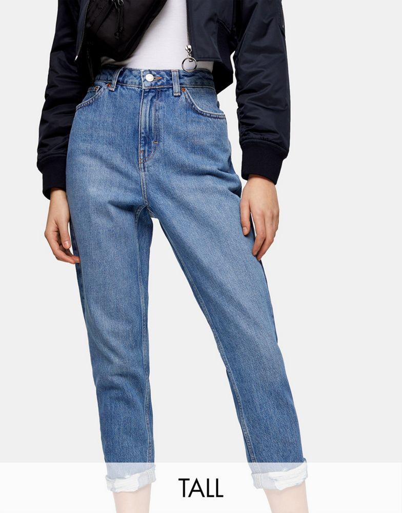 Topshop Tall ripped hem Mom jeans in mid wash商品第1张图片规格展示