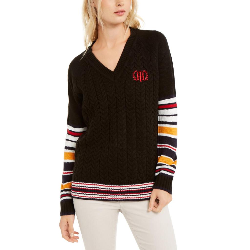 Tommy Hilfiger Womens Contrast Trim Embroidered Logo Pullover Sweater商品第1张图片规格展示