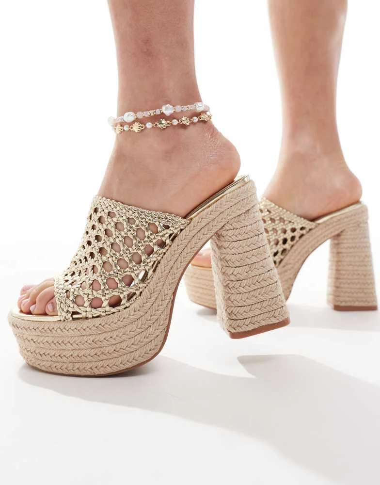 商品Bershka|Bershka espadrille platform heeled sandals in natural and gold,价格¥588,第1张图片