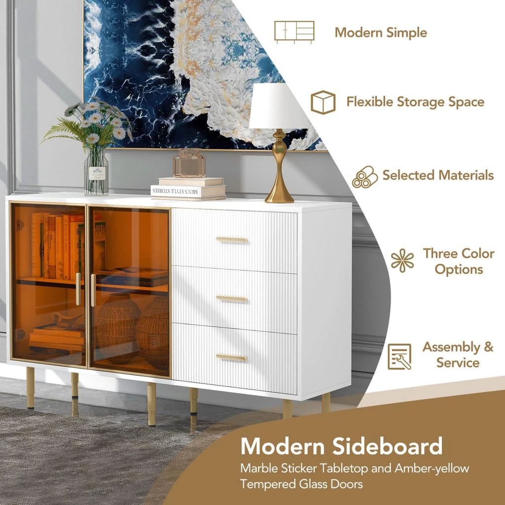 商品Simplie Fun|Modern Sideboard MDF Buffet Cabinet Marble Sticker Table Top and Amber-yellow Tempered Glass Doors,价格¥4866,第4张图片详细描述