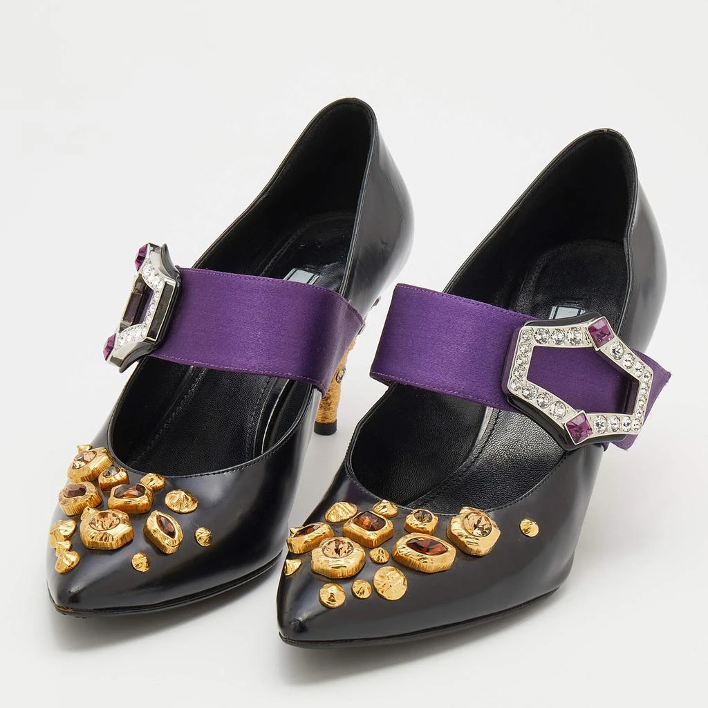 商品[二手商品] Prada|Prada Black/Purple Leather And Satin Jeweled Mary Jane Pointed Toe Pumps Size 39,价格¥1266,第2张图片详细描述