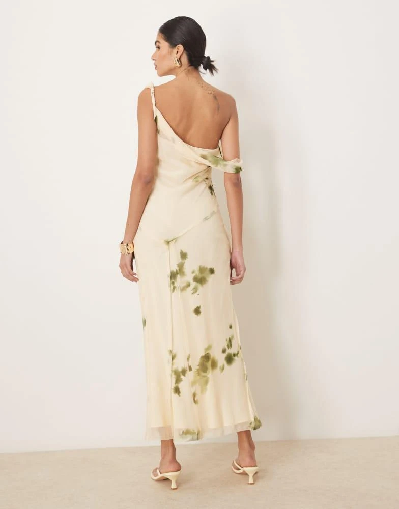 商品ASOS|ASOS DESIGN fallen shoulder twist cowl neck  seam detail midi dress in cream and green blur print,价格¥437,第2张图片详细描述