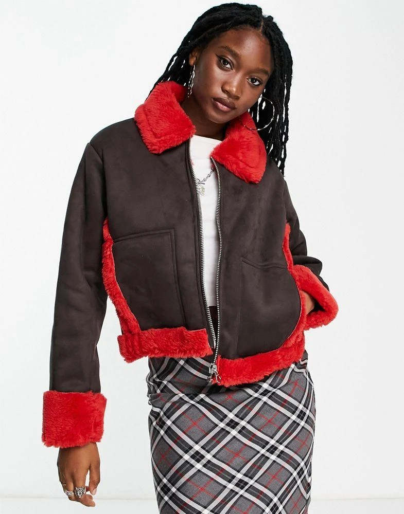 商品Weekday|Weekday Enzo suedette bonded shearling jacket in brown with red contrasts,价格¥519,第1张图片