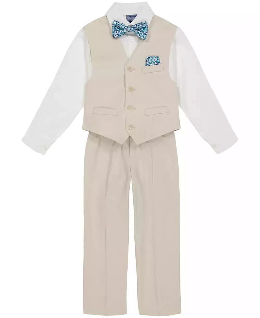 Little Boys Machine Washable Natural-Linen-Look  Vest, Shirt, Pants, Bowtie and Pocket Square, 5 Piece Set 商品