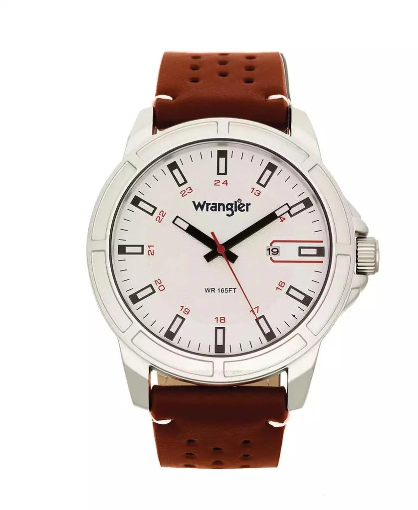 商品Wrangler|Men's, 48MM Silver Case with White Dial, White Index Markers, Sand Satin Dial, Analog, Date Function , Red Second Hand, Brown Strap with White Accent Stitch,价格¥431,第1张图片