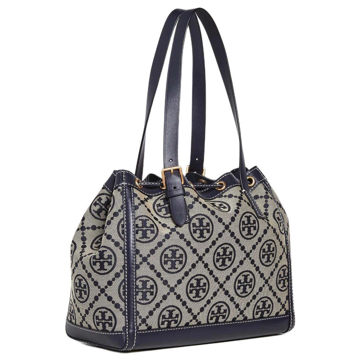 商品[国内直发] Tory Burch|汤丽柏琦 T Monogram 品牌标志性Logo老花满印哑光质感 编织提花拼皮革 水桶单肩手提包 小号 女款 海军蓝,价格¥4035,第5张图片详细描述