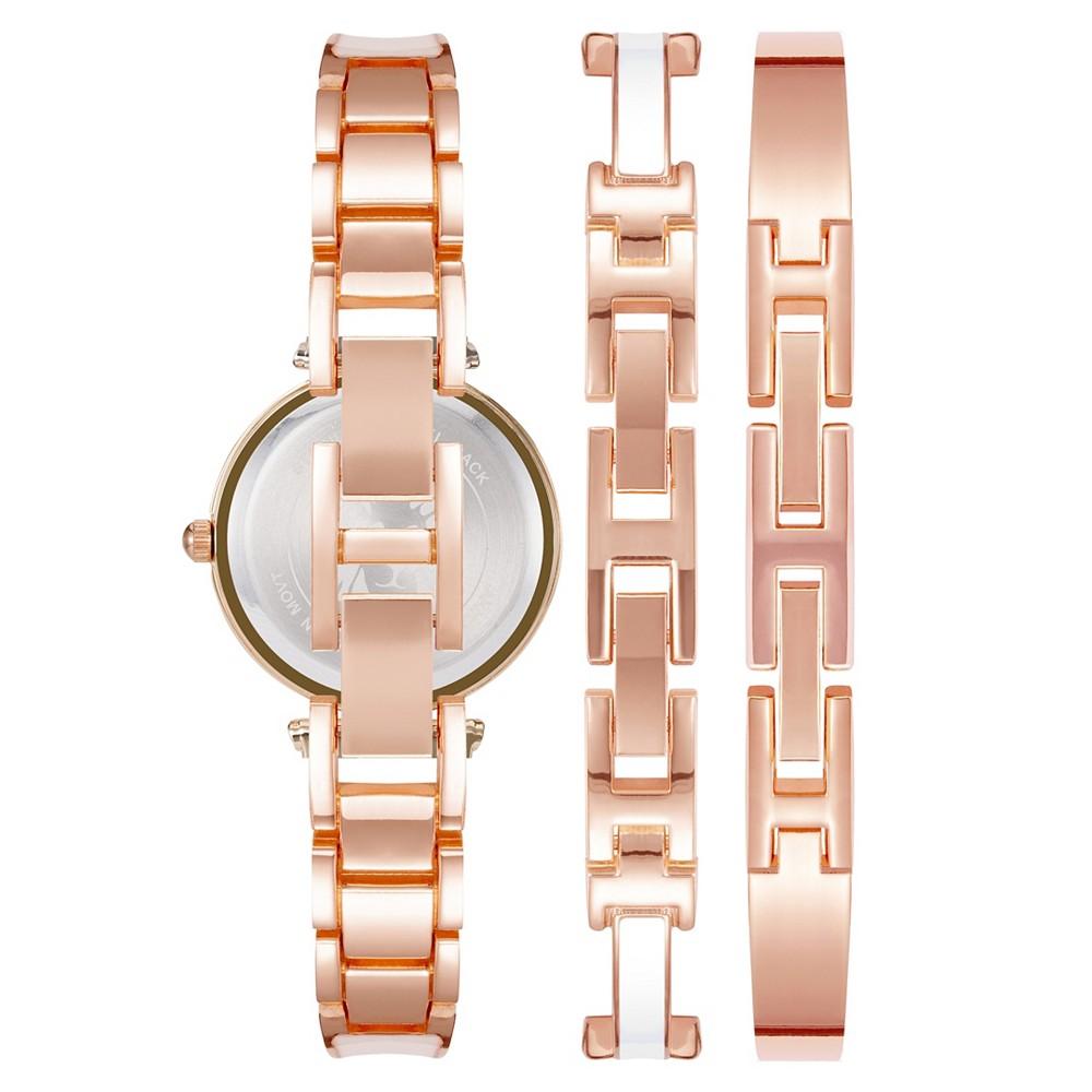 Women's Rose Gold-Tone Alloy Bangle with White Enamel and Crystal Accents Fashion Watch 33mm Set 3 Pieces商品第3张图片规格展示