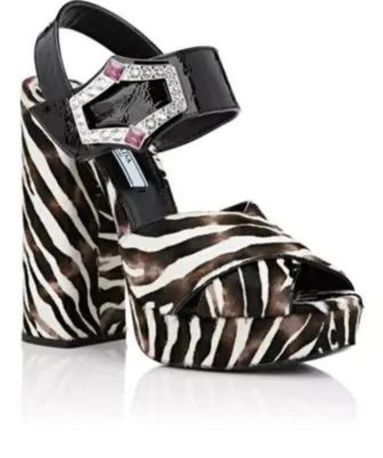 商品Prada|Jeweled-Buckle Calf Hair Platform Sandals,价格¥4157,第2张图片详细描述