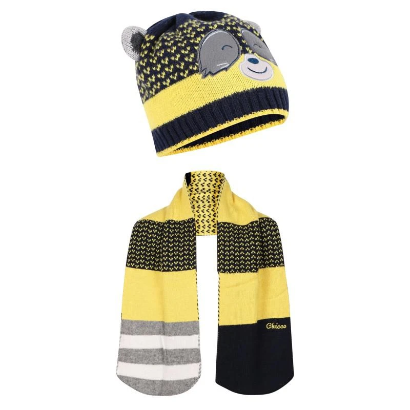 商品Chicco|Raccoon striped winter beanie and scarf set in navy and yellow,价格¥317,第1张图片