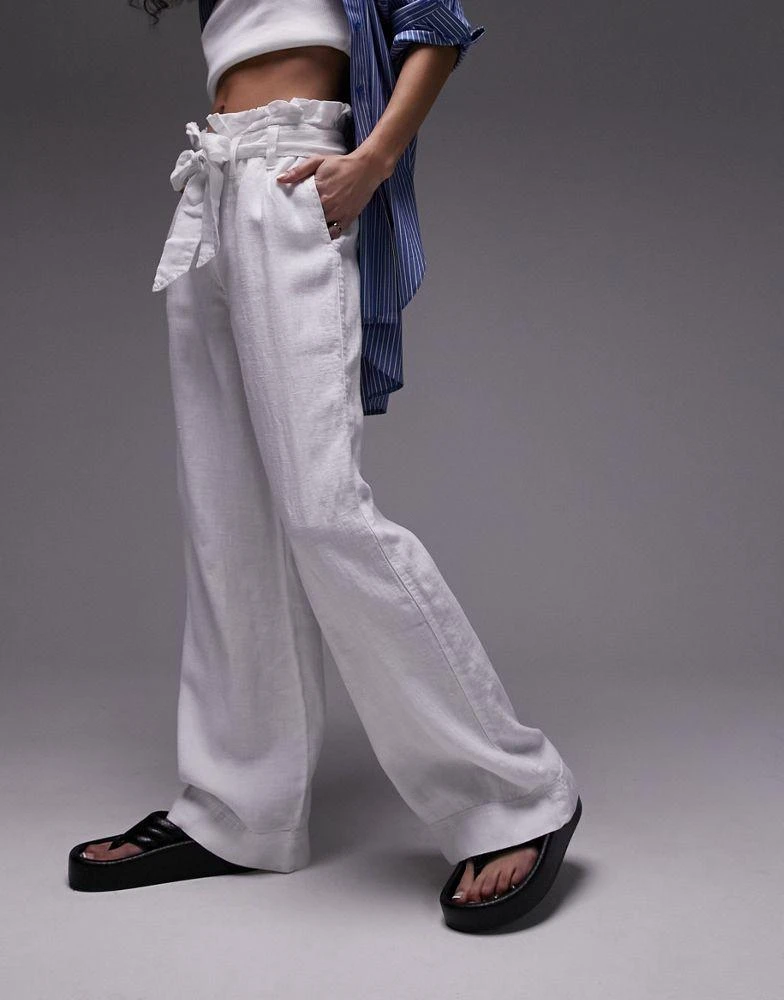 商品Topshop|Topshop linen high waist paperbag wide leg trouser in white,价格¥457,第4张图片详细描述