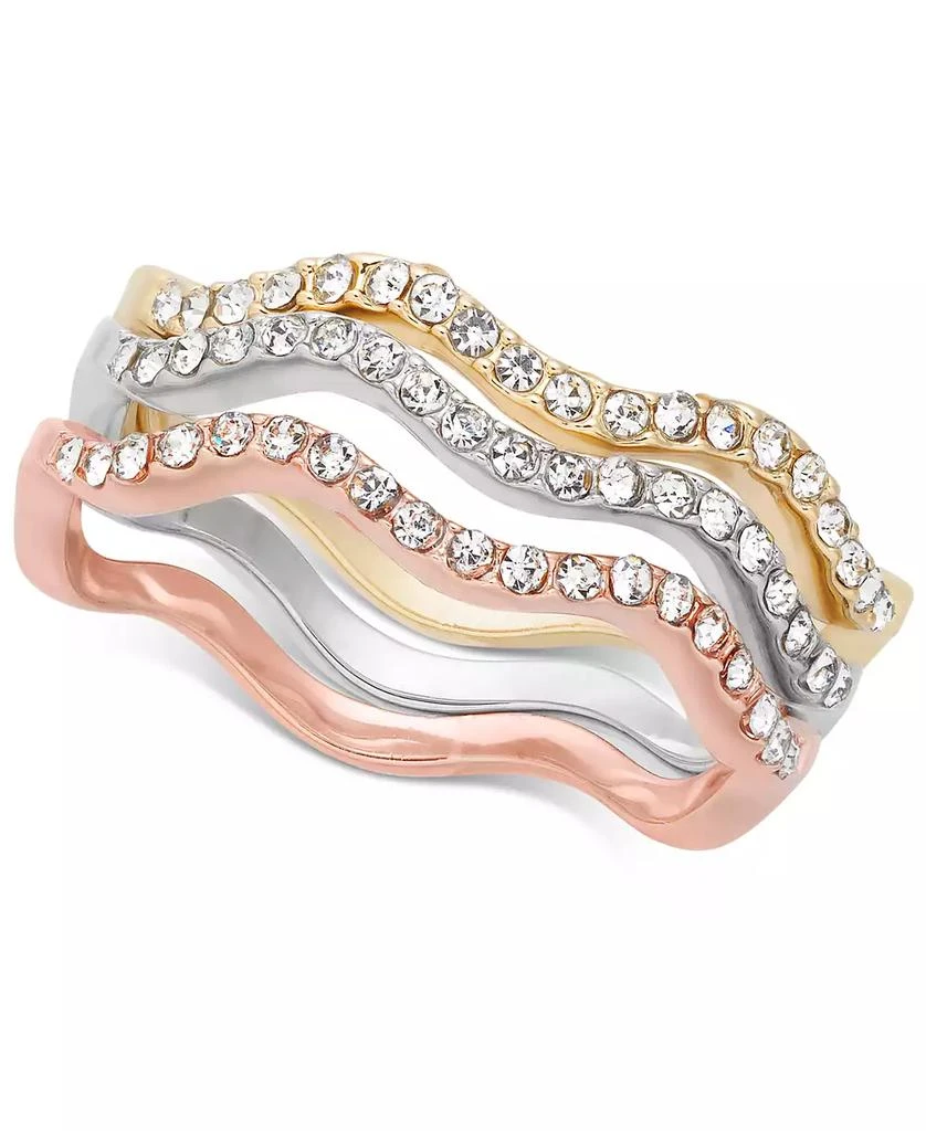 商品Charter Club|Tri-Tone Silver, Gold Plated, 18K Rose Gold Plated 3-Pc. Set Pavé Wavy Rings, Created for Macy's,价格¥165,第1张图片